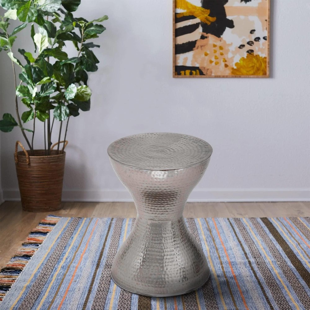 Benjara Industrial Style Hammered Texture Iron Stool With Hourglass Shaped Body, Silver