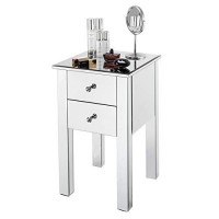 Ssline Mirror 2-Drawer Nightstand Modern Silver Glass Bedside Table With Storage Elegant Mirrored Side End Tables Shining Aceent Table Desk For Bedroom Living Room