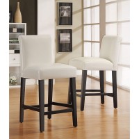 White Faux Leather 24-Inch Counter Height High Back Stools (Set Of 2) Bold Bohemian Eclectic Glam Rubberwood Wood Finish