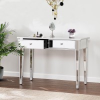Henf Mirrored Console Table,Mirrored Makeup Vanity Table Desk, 2 Drawer Media Console Table For Women Home Office Writing Desk Smooth Finish With Crystal-Style Knobs,Silver
