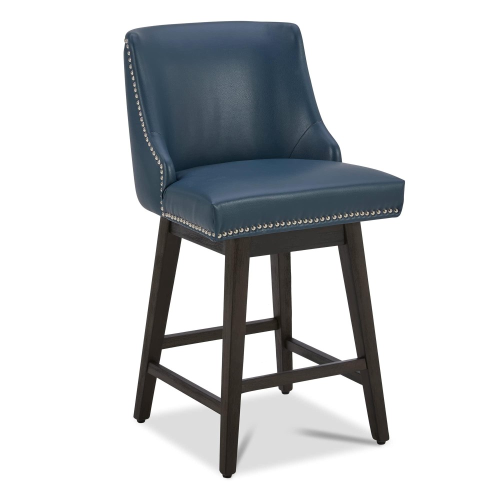 Chita Counter Height Swivel Barstool, 26 H Seat Height Upholstered Bar Stool, Faux Leather In Blue