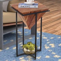 The Urban Port 26-Inch Pyramid Shape Wooden Side Table With Cross Metal Base, Brown And Black