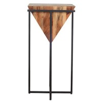 The Urban Port 30-Inch Pyramid Shape Wooden Side Table With Cross Metal Base, Brown And Black