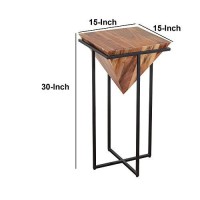 The Urban Port 30-Inch Pyramid Shape Wooden Side Table With Cross Metal Base, Brown And Black