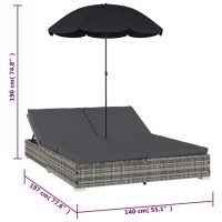 Wwhz Outdoor Lounge Bed With Umbrella Poly Rattan Gray