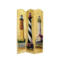 Benjara Hand Painted 3 Panel Wooden Room Divider With Lighthouses Print, Multicolor