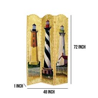 Benjara Hand Painted 3 Panel Wooden Room Divider With Lighthouses Print, Multicolor