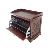 Benjara Engraved Wooden Shoe Cabinet With Drop Down Opening And Metal Hinges, Brown
