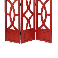 Benjara Open Cut Out Design 3 Panel Wooden Frame Screen With Double Hinges, Red