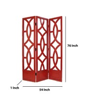 Benjara Open Cut Out Design 3 Panel Wooden Frame Screen With Double Hinges, Red