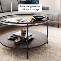 Nathan James Paloma Round Coffee Tea Or Cocktail With Raised Tray Top Edge Tables, 2-Tier Minimalist Style Living Room, Dark Oakmatte Black