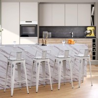 Yongchuang Industrial Metal Barstools Set Of 4 Counter Height Bar Stools With Back (24 Seat Height Wooden Top Low Back, Distressed White)