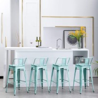 Yongchuang 24 Industrial Metal Barstools Set Of 4 Counter Height Bar Stools With Back (Wooden Top Low Back, Distressed Mint)