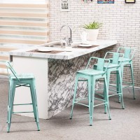 Yongchuang 24 Industrial Metal Barstools Set Of 4 Counter Height Bar Stools With Back (Wooden Top Low Back, Distressed Mint)