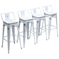 Yongchuang 26 Industrial Metal Barstools Set Of 4 Counter Height Bar Stools With Back (Wood Top Low Back, Distressed White)