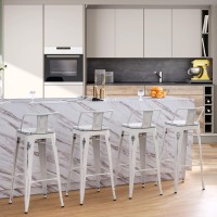 Yongchuang 26 Industrial Metal Barstools Set Of 4 Counter Height Bar Stools With Back (Wood Top Low Back, Distressed White)