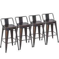 Yongchuang 24 Industrial Metal Barstools Set Of 4 Counter Height Bar Stools With Back (24 Seat Height Wood Top Low Back, Distressed Gold)