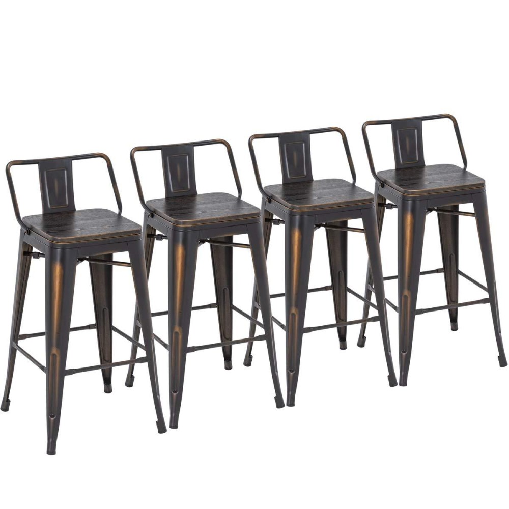 Yongchuang 26 Inch Metal Bar Stools Set Of 4 Counter Bar Stools Distressed Gold Black Wood Top Low Back