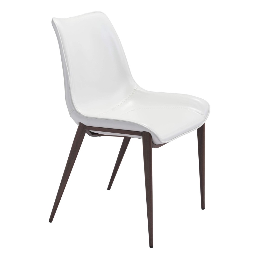 Homeroots White & Walnut Leatherette, Brushed Stainless Steel Stich White Faux Leather Side Or Dining Chairs Set Of 2 Chairs