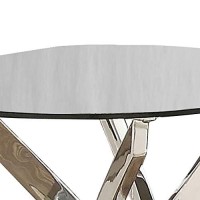 Benjara Round Glass Top End Table With Criss Cross Metal Base, Silver And Clear