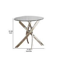 Benjara Round Glass Top End Table With Criss Cross Metal Base, Silver And Clear