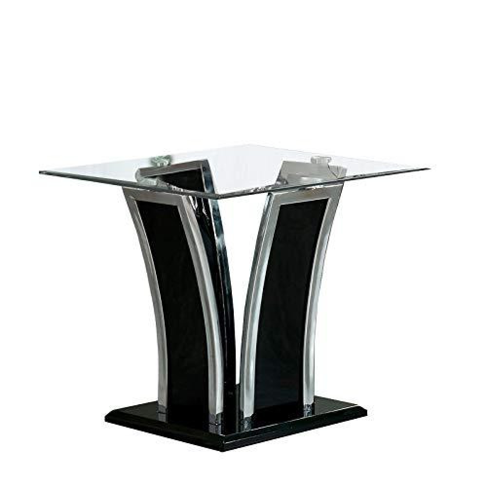 Benjara Chrome Trim Flared Base End Table With Glass Top, Black And Silver