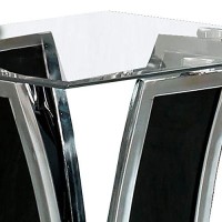 Benjara Chrome Trim Flared Base End Table With Glass Top, Black And Silver