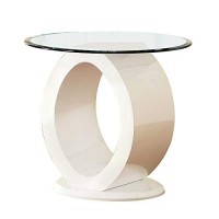 Benjara Contemporary Tempered Glass Top End Table With O Shape Base, White
