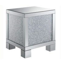 Benjara Wooden End Table With Infused Crystals On Mirrored Panel, Silver And Clear