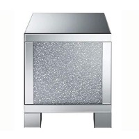 Benjara Wooden End Table With Infused Crystals On Mirrored Panel, Silver And Clear