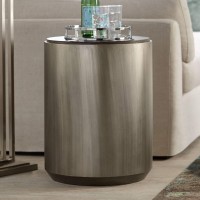 Trenton Modern Distressed Pewter Metal Round Accent Side End Table 18 Wide Silver Gray Oak Tabletop For Living Room Bedroom Bedside Entryway House Balcony Office Bathroom Home