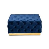 Baxton Studio Verene Glam And Luxe Royal Blue Velvet Fabric Upholstered Gold Finished Square Cocktail Ottoman