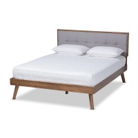 Baxton Studio Alke Mid-Century Modern Light Grey Fabric Upholstered Walnut Brown Finished Wood Full Size Platform Bed