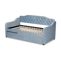 Baxton Studio Freda Traditional And Transitional Light Blue Velvet Fabric Upholstered And Button Tufted Twin Size Daybed With Trundle