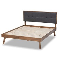 Baxton Studio Alke Mid-Century Modern Dark Grey Fabric Upholstered Walnut Brown Finished Wood Queen Size Platform Bed