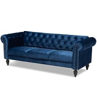 Baxton Studio Emma Navy Blue Velvet Upholstered Button Tufted Chesterfield Sofa
