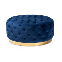 Baxton Studio Sasha Glam And Luxe Royal Blue Velvet Fabric Upholstered Gold Finished Round Cocktail Ottoman
