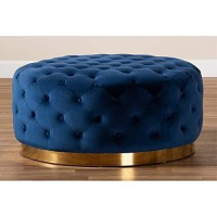 Baxton Studio Sasha Glam And Luxe Royal Blue Velvet Fabric Upholstered Gold Finished Round Cocktail Ottoman