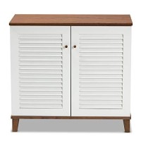 Baxton Studio Coolidge Modern And Contemporary White And Walnut Finished 4-Shelf Wood Shoe Storage Cabinet With Drawer