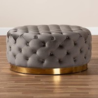 Baxton Studio Sasha Glam And Luxe Grey Velvet Fabric Upholstered Gold Finished Round Cocktail Ottoman