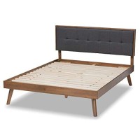 Wholesale Interiors Baxton Studio Alke Mid-Century Modern Dark Grey Fabric Upholstered Walnut Brown Finished Wood King Size Platform Bed