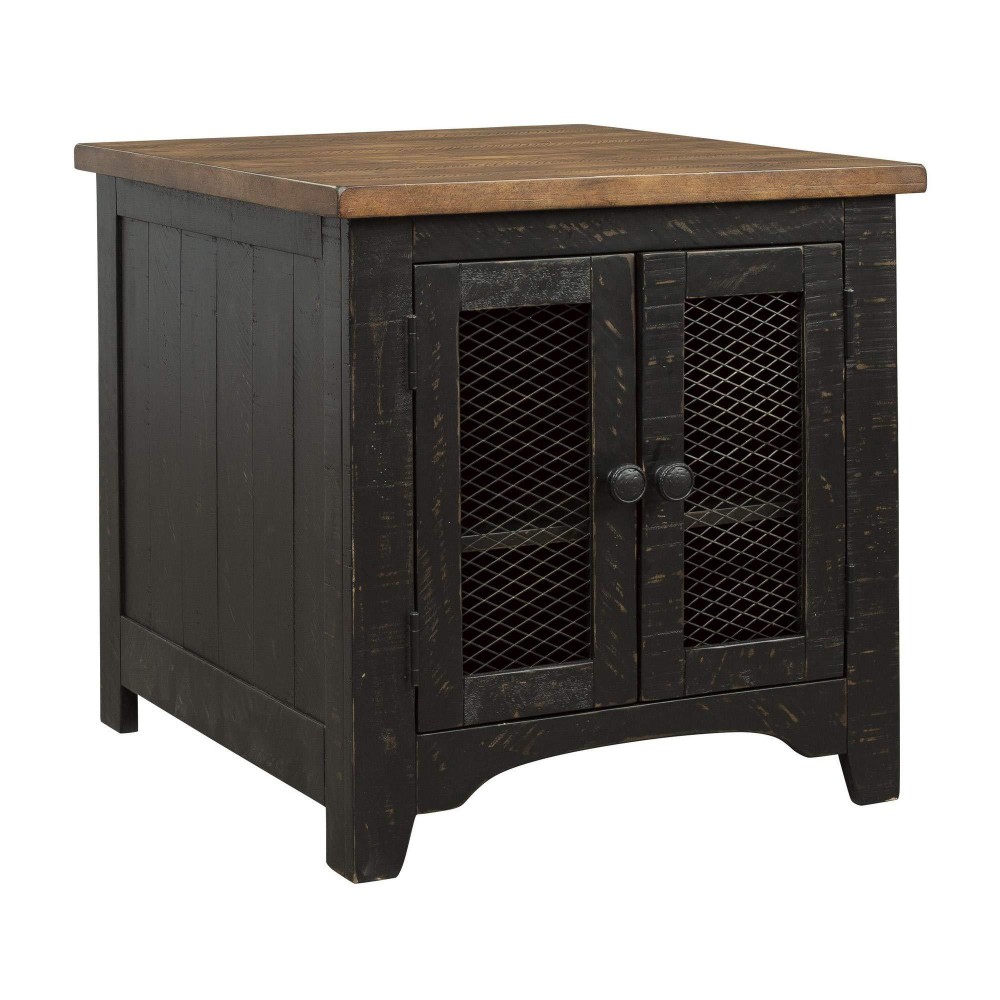 Benjara Two Tone Wooden End Table With Metal Grill Cabinet, Black And Brown