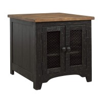 Benjara Two Tone Wooden End Table With Metal Grill Cabinet, Black And Brown