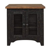 Benjara Two Tone Wooden End Table With Metal Grill Cabinet, Black And Brown