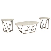 Benjara Faux Marble Set With 1 Coffee 2 End Tables, White And Gold
