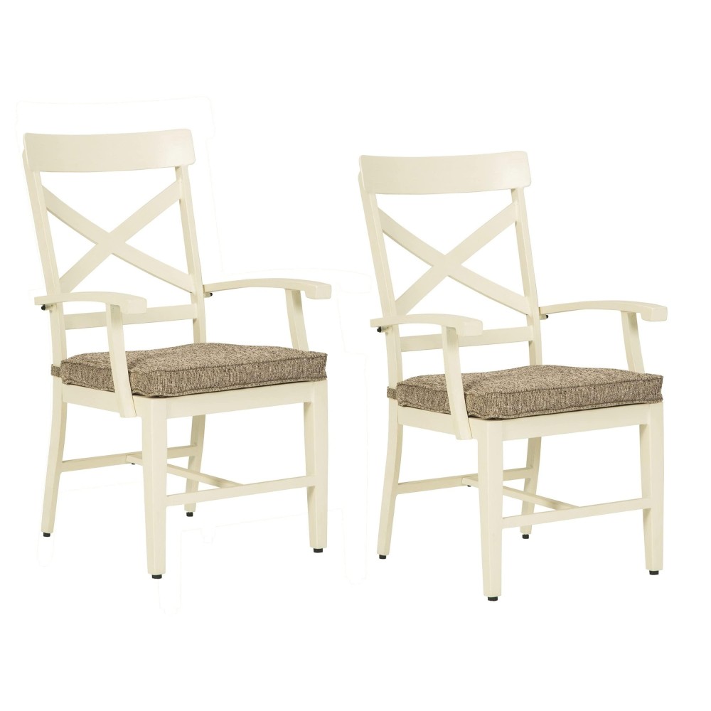 Benjara Padded Aluminum Frame Armchair With X Backrest, Set Of 2, White And Brown