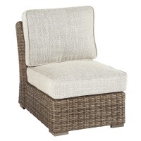 Benjara Bm213380 Handwoven Wicker Frame Fabric Upholstered Armless Chair, Beige And Brown
