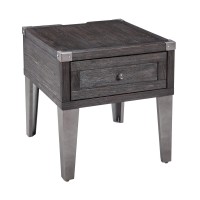 Benjara Rectangular Wooden End Table With 1 Drawer And Corner Metal Brackets, Gray