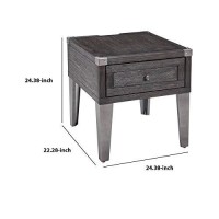 Benjara Rectangular Wooden End Table With 1 Drawer And Corner Metal Brackets, Gray