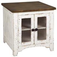 Benjara Two Tone Wooden End Table With Metal Grill Cabinet, White And Brown